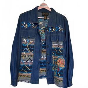 Vintage Alex Kim Art Deco Chambray Demin Embroidered Shirt | Size Large